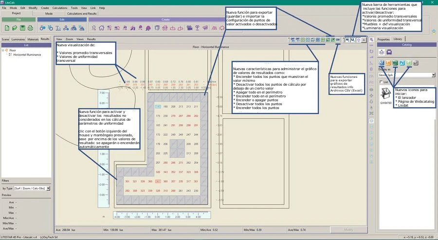 Litecalc2 Novedades de la interfaz de Litecalc 4D Pro con el gráfico de iluminancia horizontal sobre el plano de trabajo
