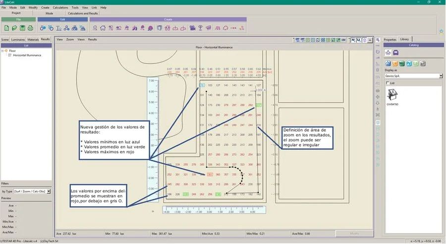 Litecalczoom Interfaz de LiteCalc con los valores mínimos, medios y máximos de iluminancia sobre el plano de trabajo
