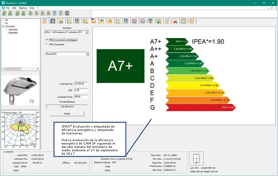 Eficiencia-energética Evaluación IPEA de una luminaria vial en PhotoView con clase A7+ y valor IPEA* de 1,90