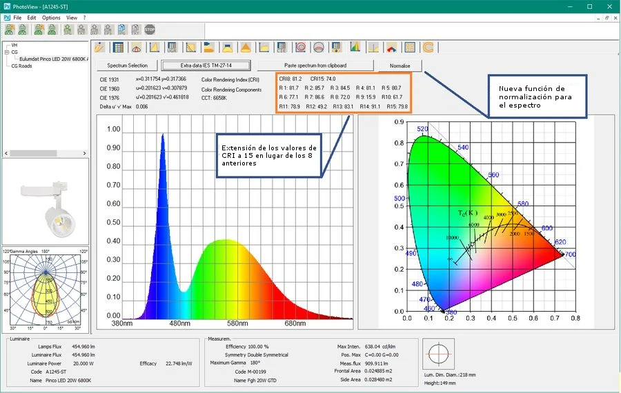 Espectro Interfaz de PhotoView con la curva espectral, los índices CRI y el diagrama cromático CIE de un LED de 6800 K