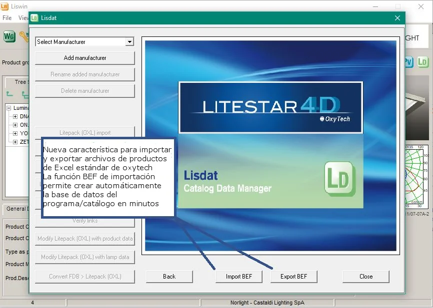 Lisdat-1 Gestor de catálogos Lisdat de Litestar 4D con la importación y exportación de archivos BEF